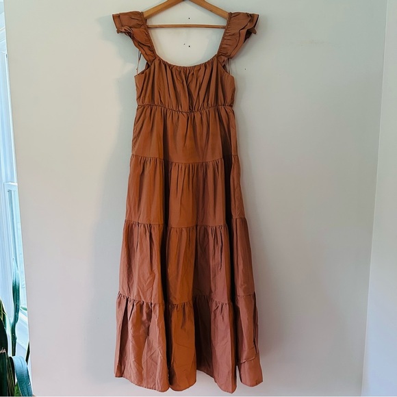 Skies are Blue Diana Poplin Tiered Ruffle Maxi Dress Tuscan Tan Size Medium - Picture 6 of 14